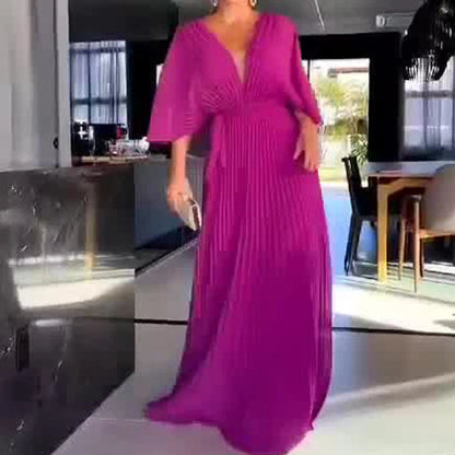 Vestido Longo Feminino Plissado com Decote Profundo – Elegante e Sofisticado