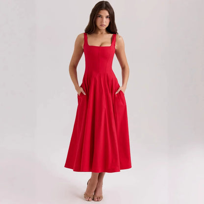 Vestido Midi Floral Feminino com Alças Largas e Cintura Marcada