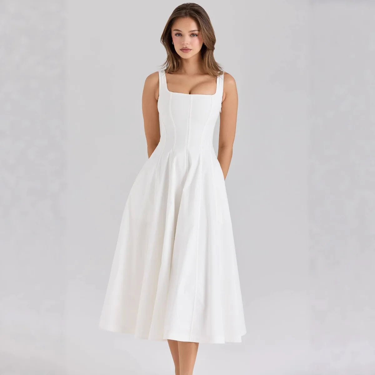 Vestido Midi Floral Feminino com Alças Largas e Cintura Marcada