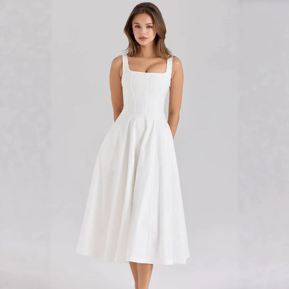 Vestido Midi Floral Feminino com Alças Largas e Cintura Marcada