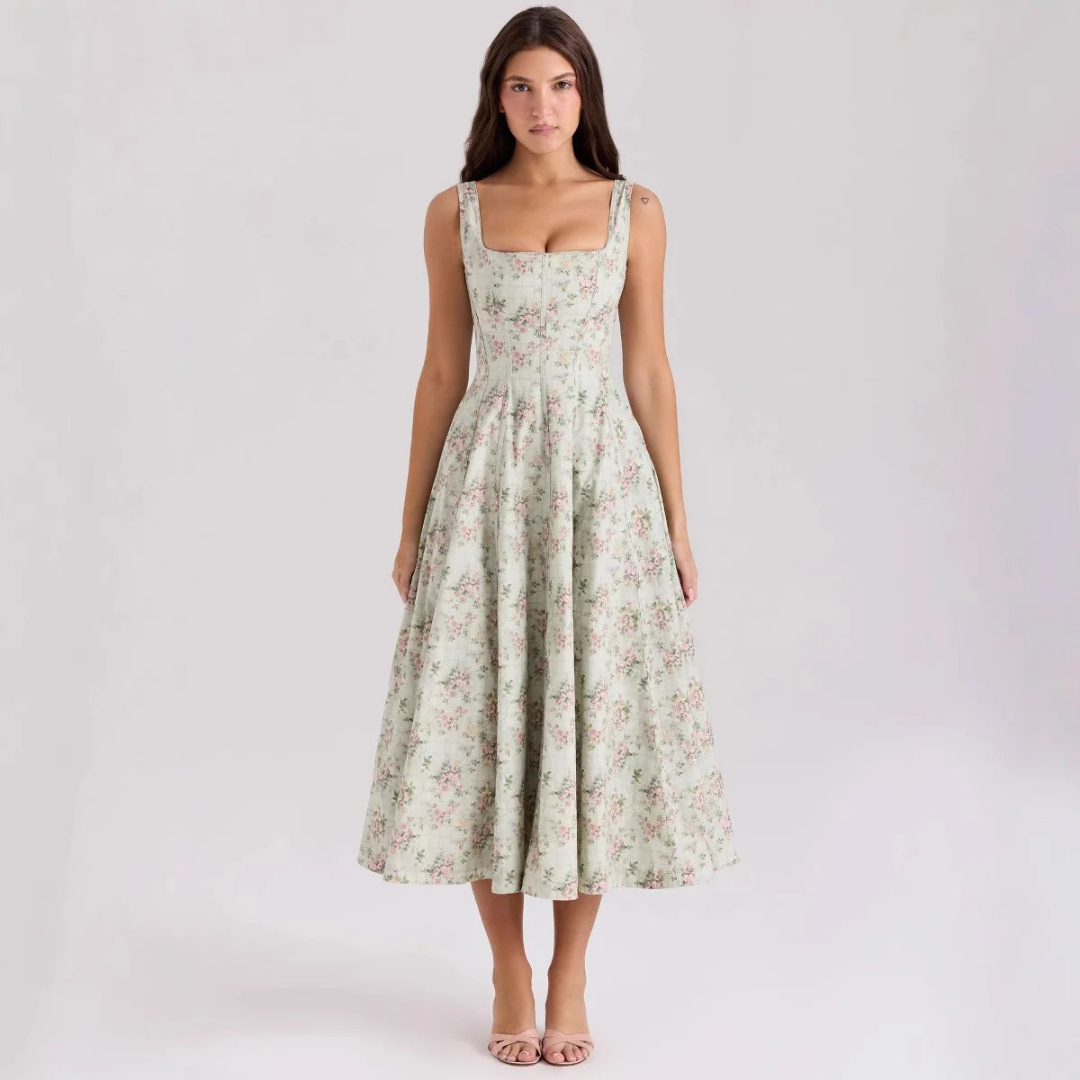 Vestido Midi Floral Feminino com Alças Largas e Cintura Marcada