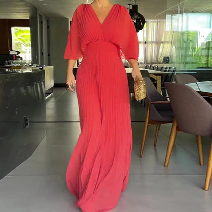 Vestido Longo Feminino Plissado com Decote Profundo – Elegante e Sofisticado