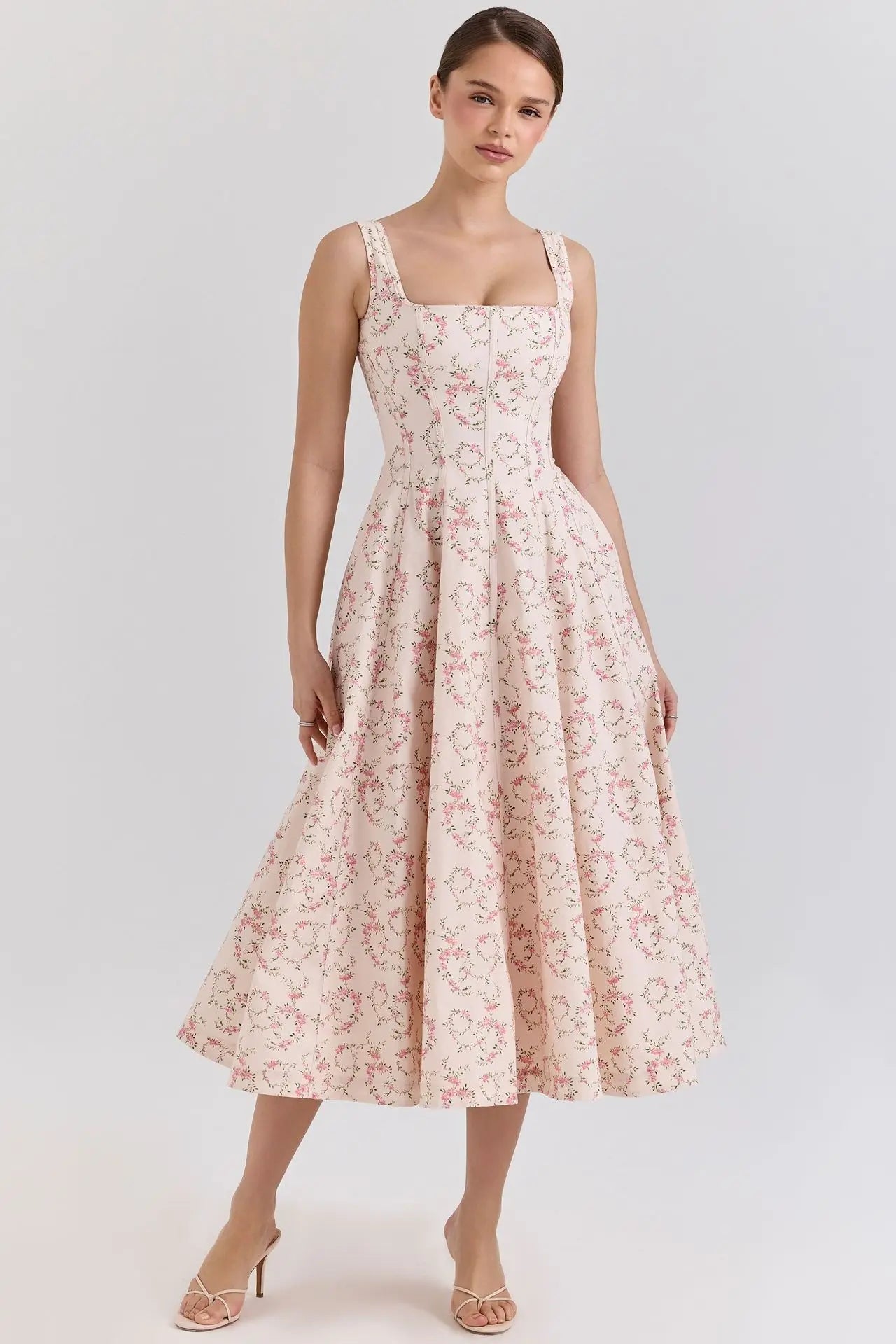 Vestido Midi Floral Feminino com Alças Largas e Cintura Marcada